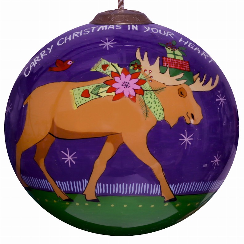 Carry Christmas In Your Heart Moose Hand Painted Glass Ornament