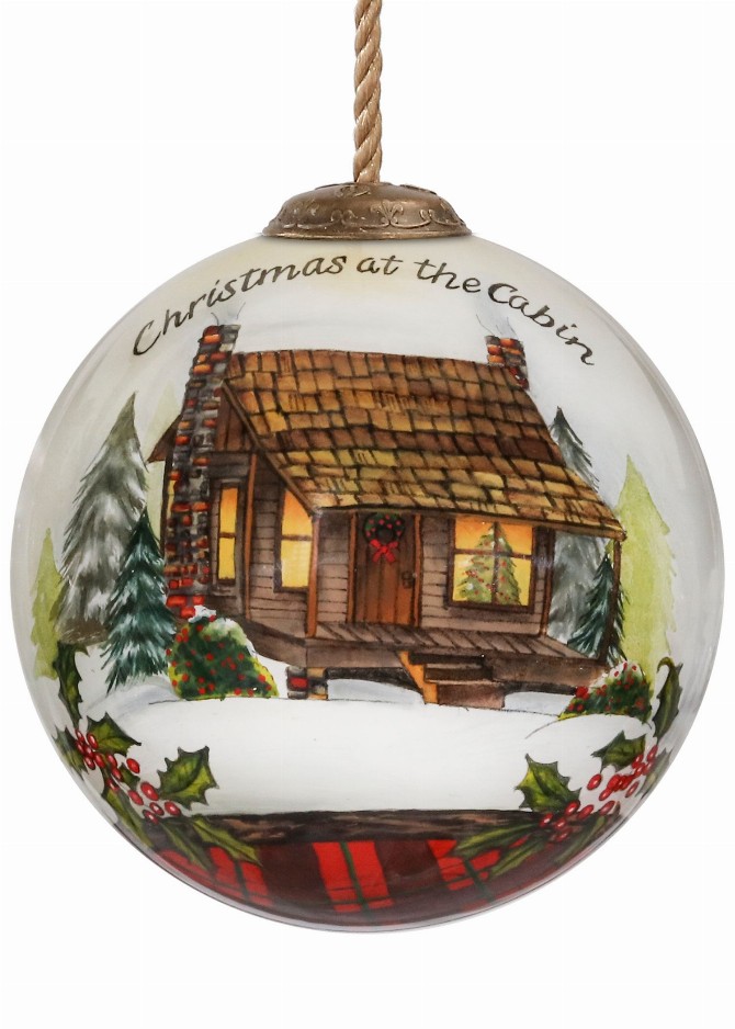 Christmas at the Cabin Hand Painted Glass Ornament