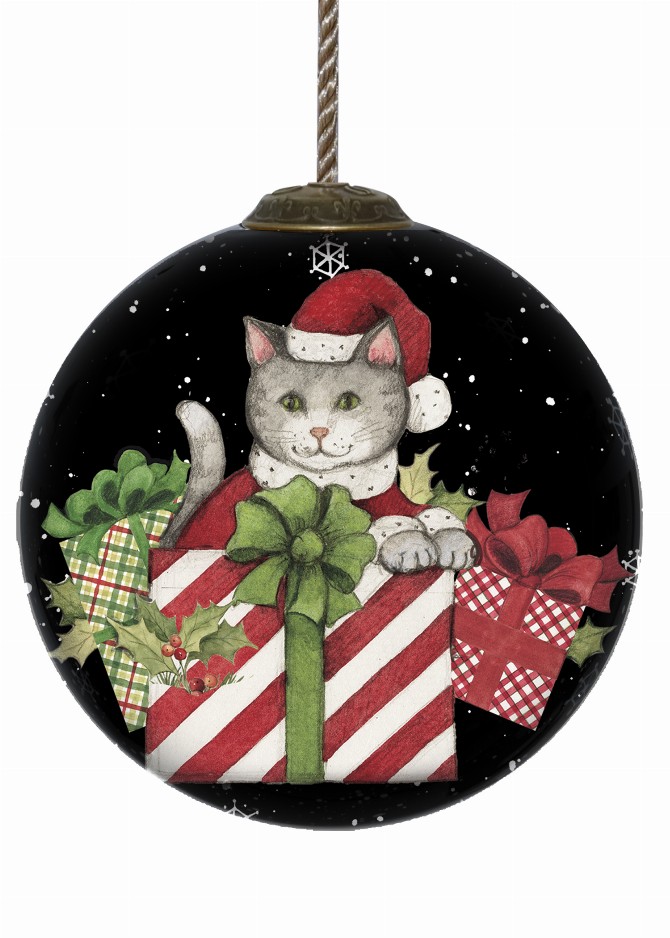 Christmas Cat Hand Painted Glass Ornament