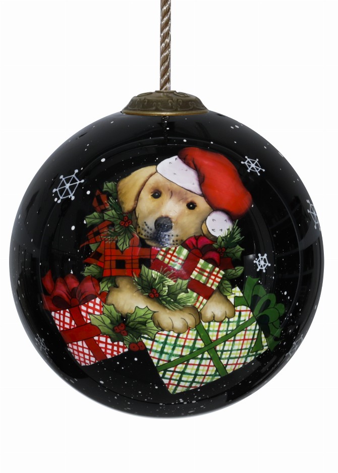 Christmas Dog Hand Painted Glass Ornament