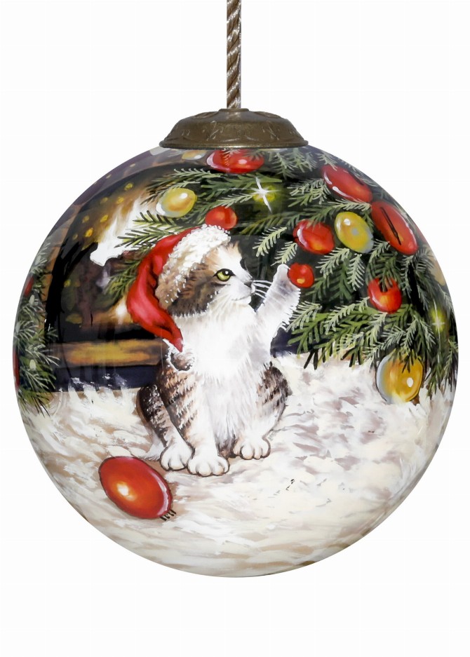 Christmas Kitten Hand Painted Glass Ornament