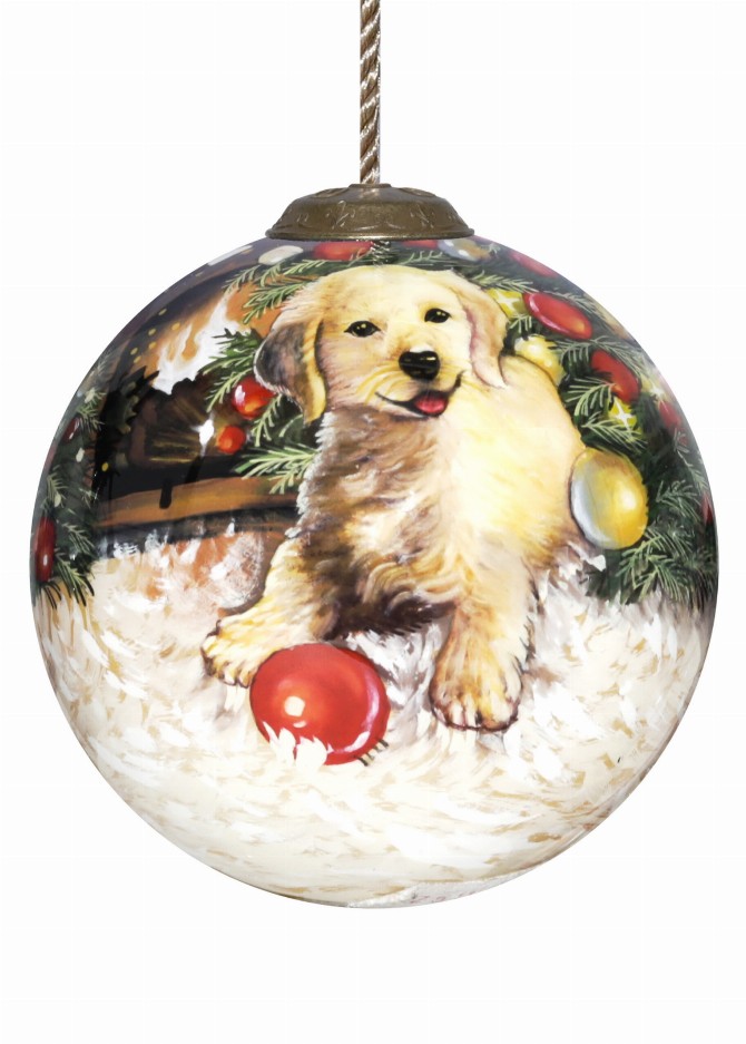 Christmas Puppy Hand Painted Glass Ornament