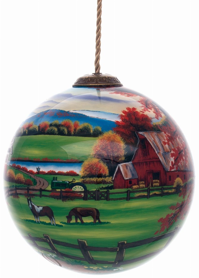 Farm Fall Scene Hand Painted Glass Ornament