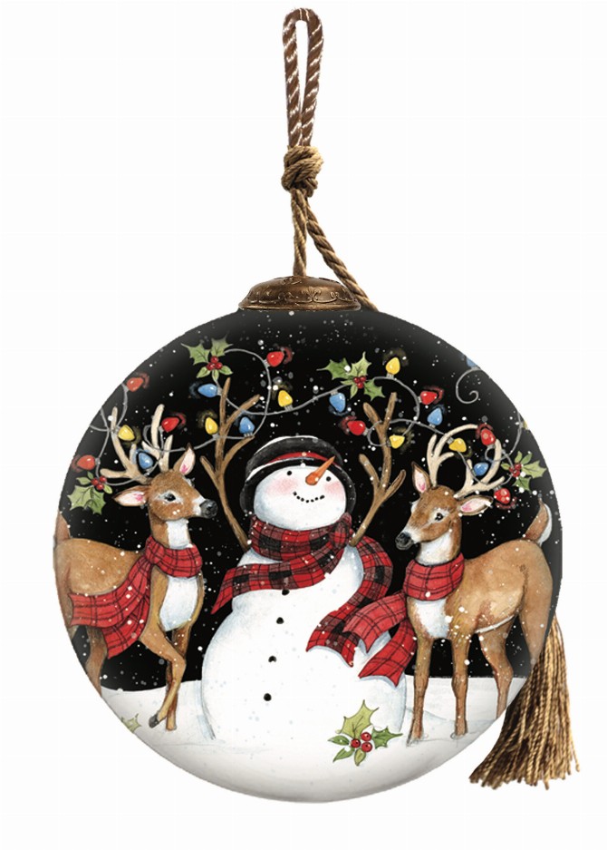 Holiday Lights Snowman Hand Painted Glass Ornament