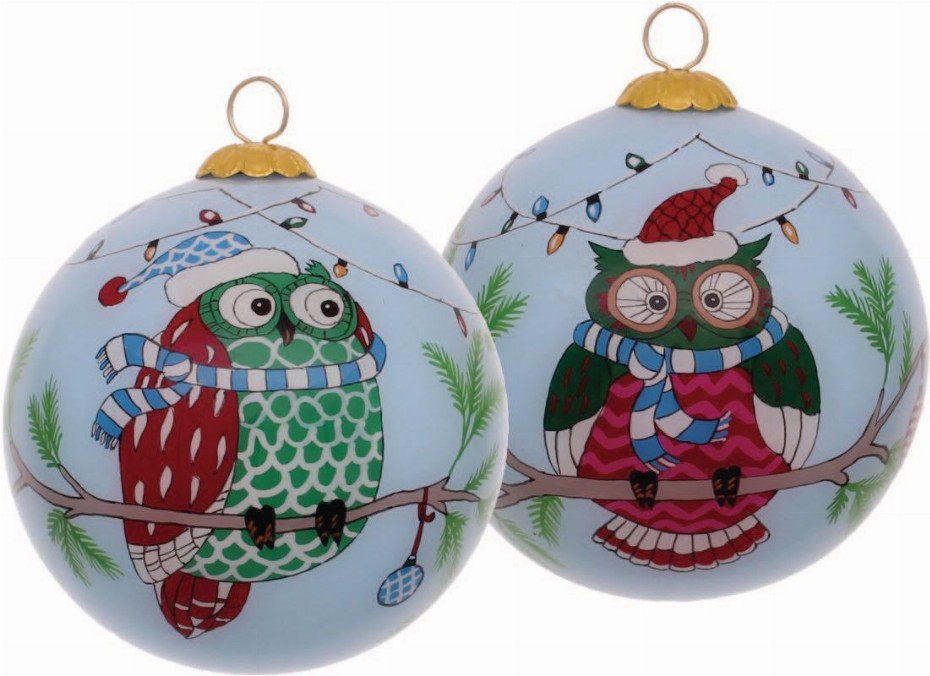 Holiday Owl Hand Painted Glass Ornament