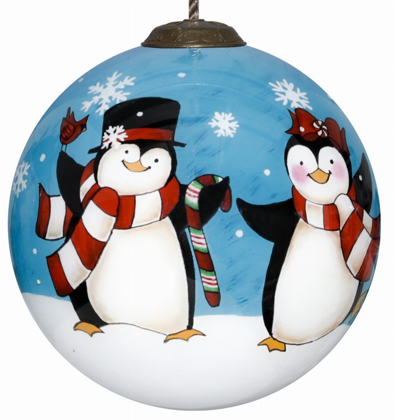 Holiday Penguins Hand Painted Glass Ornament