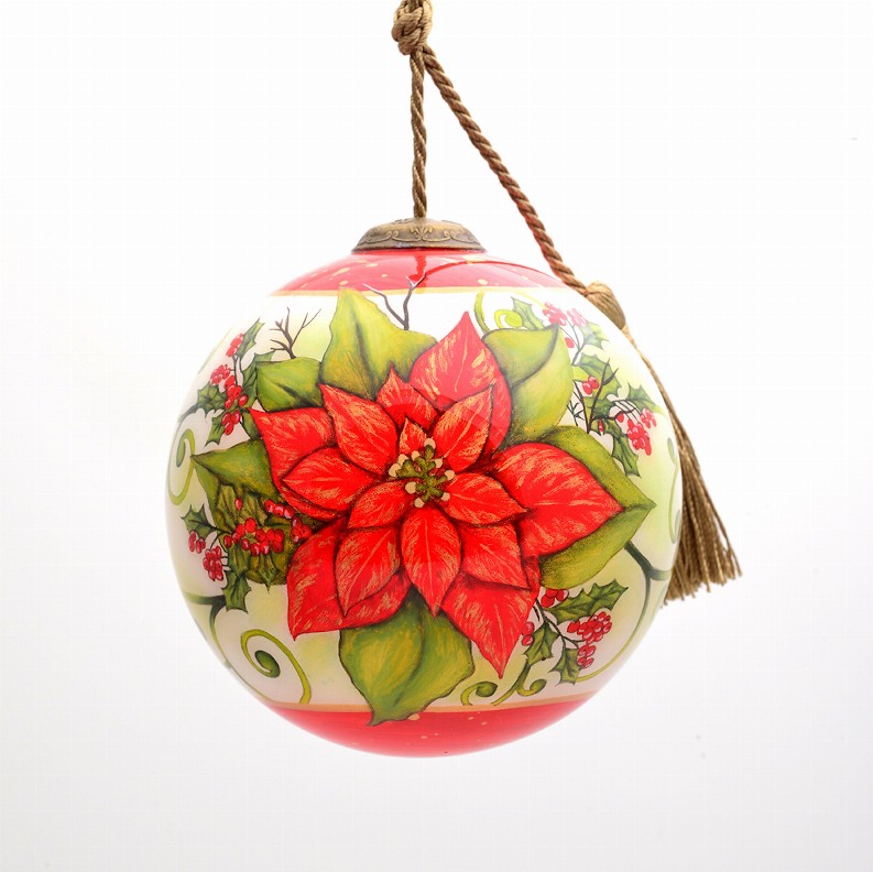 Holiday Poinsettia Hand Painted Glass Ornament