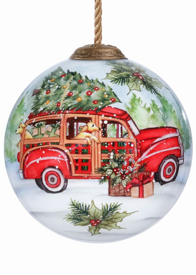 Holiday Wagon Hand Painted Glass Ornament