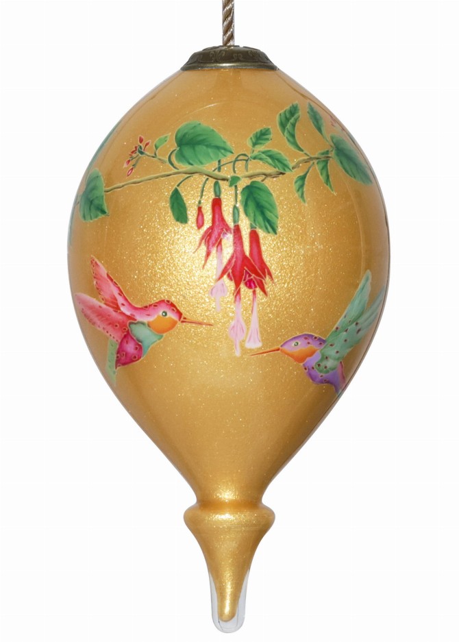 Hummingbirds & Flowers Hand Painted Glass Ornament