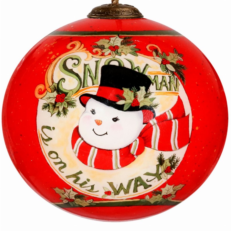 Mr. Snowman is on his way Hand Painted Glass Ornament