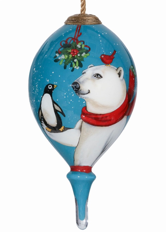 Peace on Earth Polar Bear and Penguin Hand Painted Glass Ornament