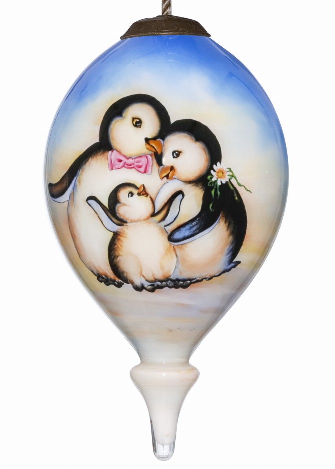Penguin Bless Our Family Hand Painted Glass Ornament