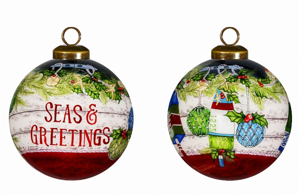 Seas and Greetings Buoy Hand Painted Glass Ornament