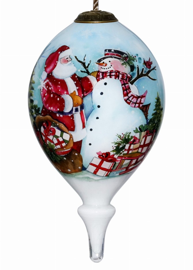 Snowman and  Santa Hand Painted Glass Ornament