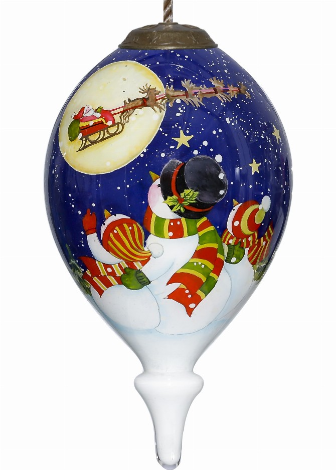 Snowman watching  Santa with Sleigh Hand Painted Glass Ornament