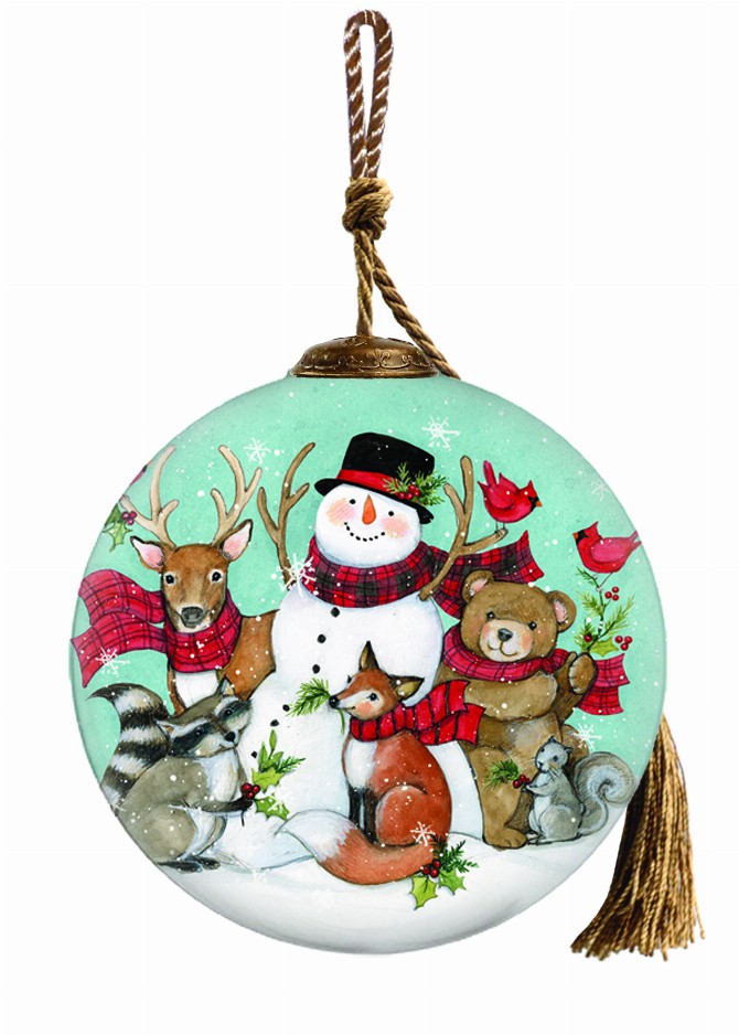 Snowman with Forest Animals Hand Painted Glass Ornament