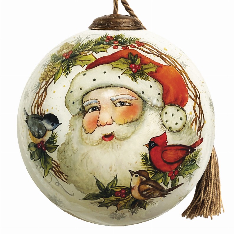 Winter Forest Santa Wreath Hand Painted Glass Ornament