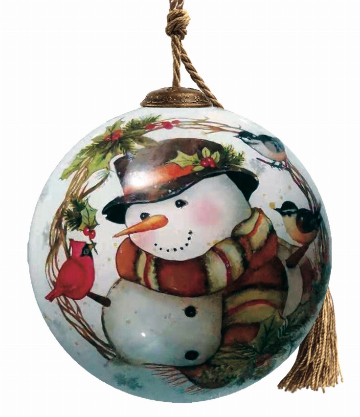 Winter Forest Snowman Wreath Hand Painted Glass Ornament