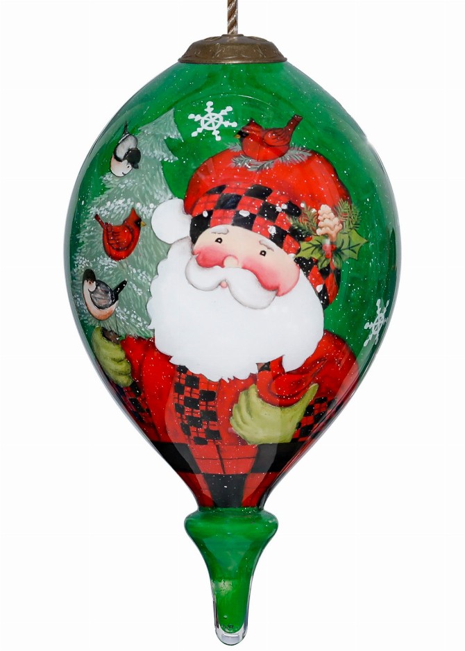 Woodland Plaid Pals Santa Hand Painted Glass Ornament