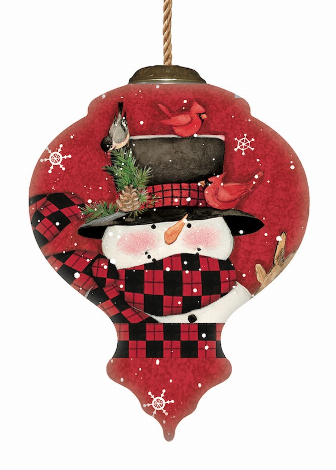 Woodland Plaid Pals Snowman Hand Painted Glass Ornament