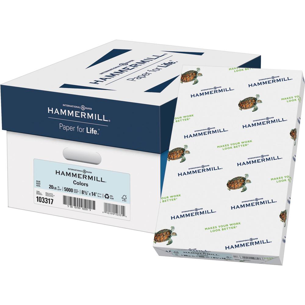 Hammermill Colors Recycled Copy Paper - Blue - Legal - 8 1/2" x 14" - 20 lb Basis Weight - 5000 / Carton - FSC - Jam-free