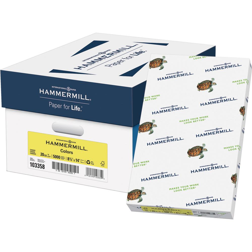 Hammermill Colors Recycled Copy Paper - Canary - Legal - 8 1/2" x 14" - 20 lb Basis Weight - 5000 / Carton - FSC - Jam-free