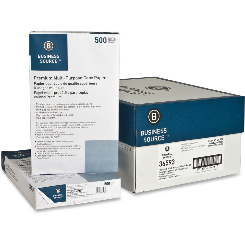 Business Source Premium Multipurpose Copy Paper - 92 Brightness - Legal - 8 1/2" x 14" - 20 lb Basis Weight - 5000 / Carton - Ac