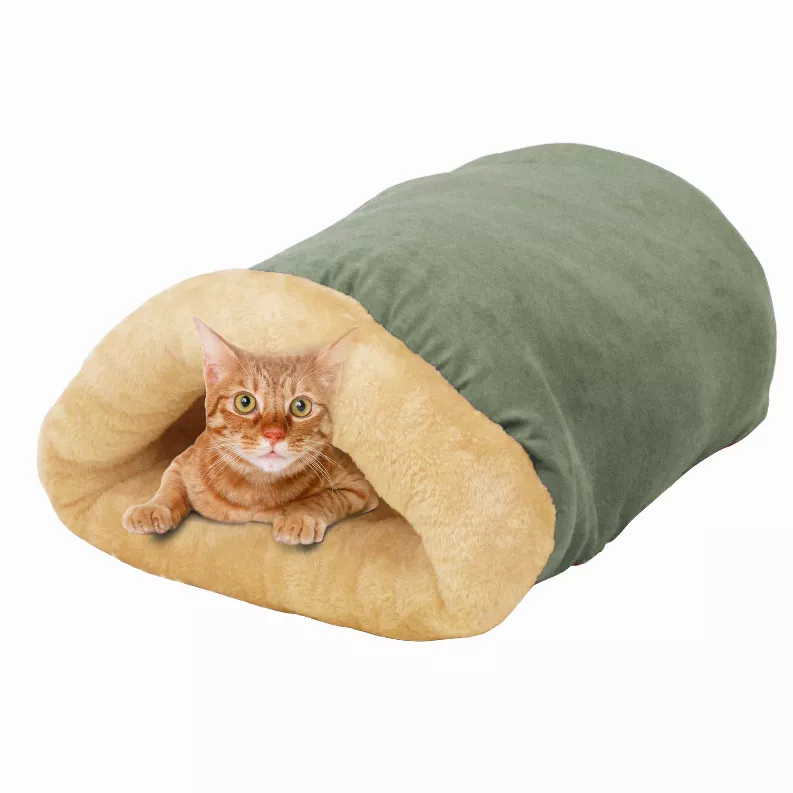 GOOPAWS 4 in 1 Self Warming Burrow Cat Bed, Pet Hideway Sleeping Cuddle Cave - 22" x14" x10" Sage Green