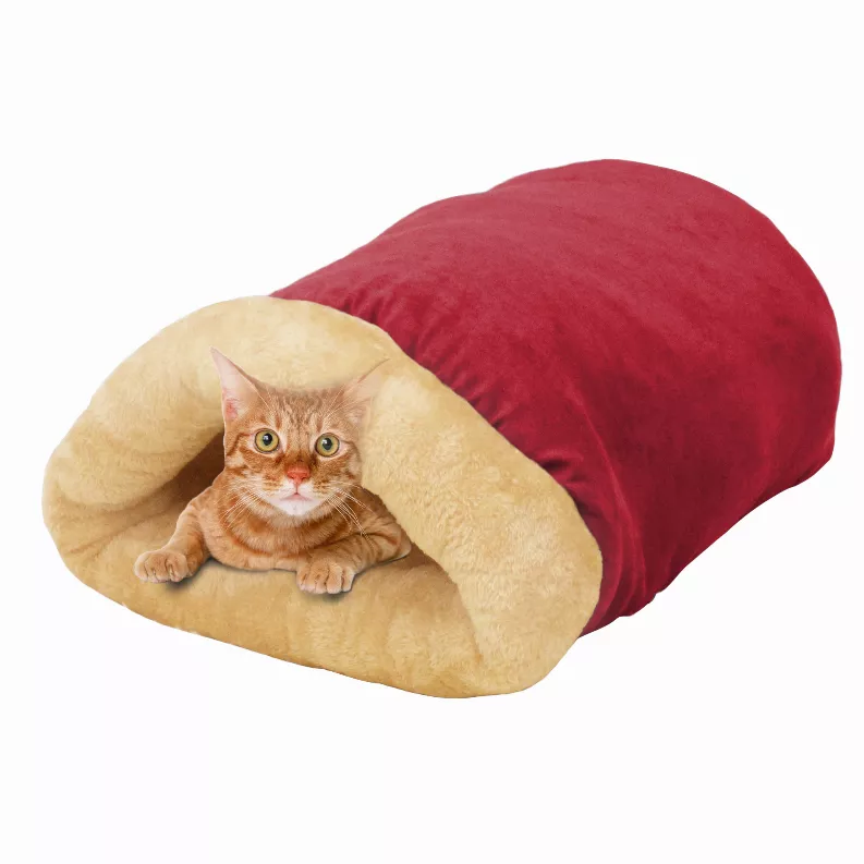 4 in 1 Self Warming Burrow Cat Bed, Pet Hideway Sleeping Cuddle Cave - 22" x14" x10" Burgundy