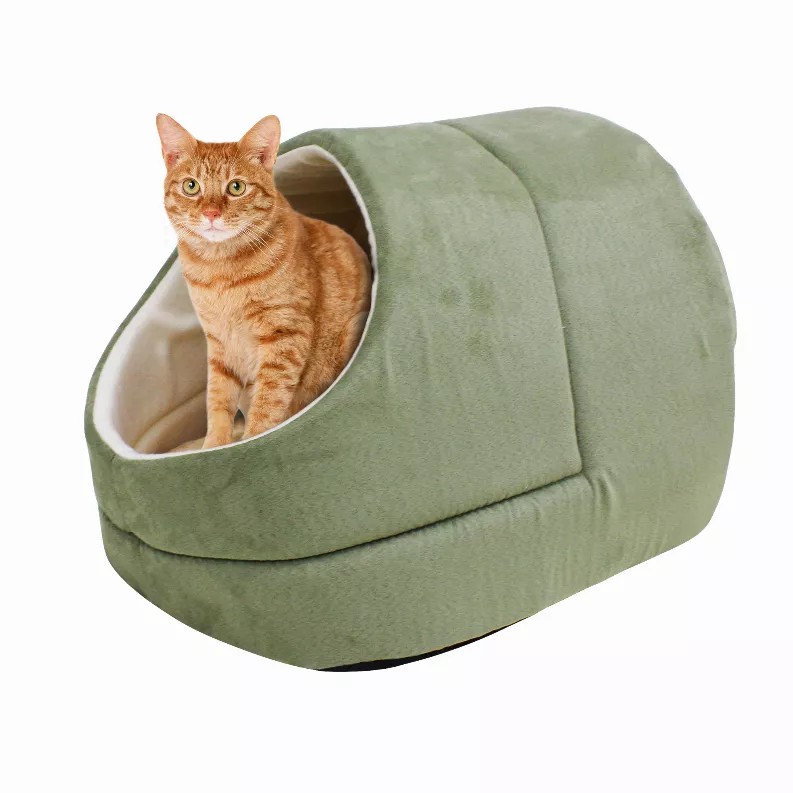GOOPAWS Cat Cave for Cat and Warming Burrow Cat Bed, Pet Hideway Sleeping Cuddle Cave - 18" x14" x12" Sage Green