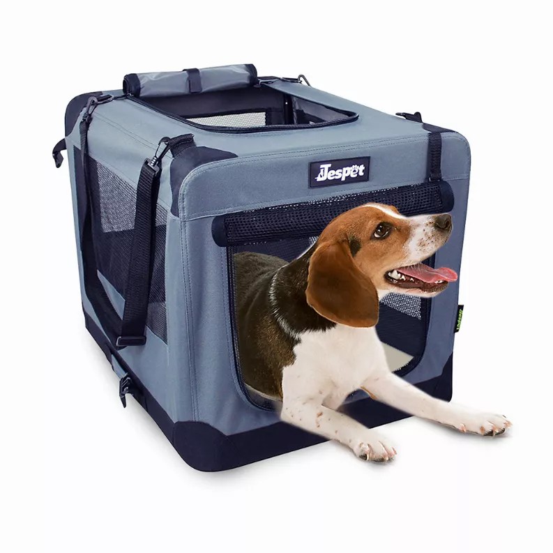 JESPET Soft Pet Crates Kennel, 3 Door Soft Sided Folding Travel Pet Carrier with Straps and Fleece Mat for Dogs, Cats, Rabbits, 