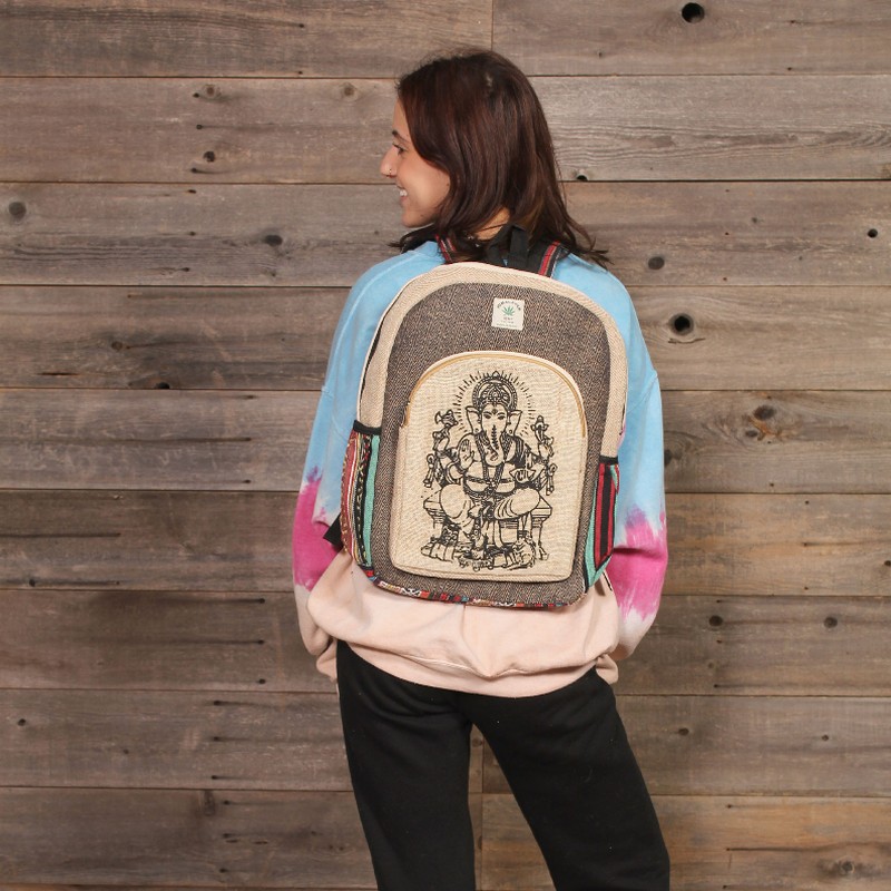 Hemp Cotton Patchwork Tie Dye Backpack with Ganesha Print
