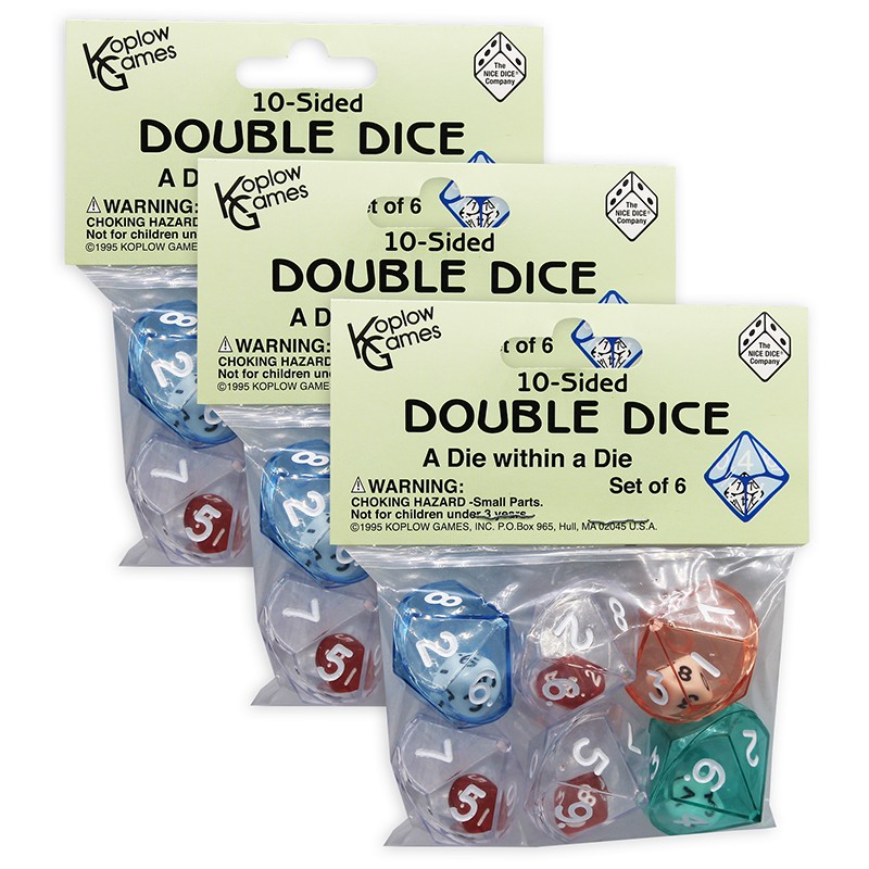 10-Sided Double Dice Set, 6 Per Pack, 3 Packs