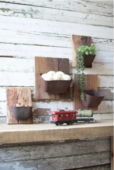 Assorted Set 4 Repurposed Metal & Wood Wall Flower Holders