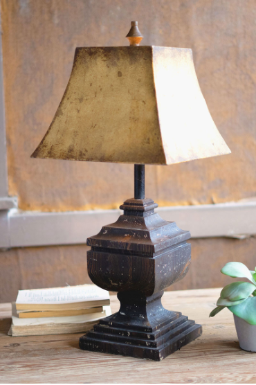 Black Wooden Table Lamp With Antique Gold Metal Shade 12.5" X 12.5" X 28"T