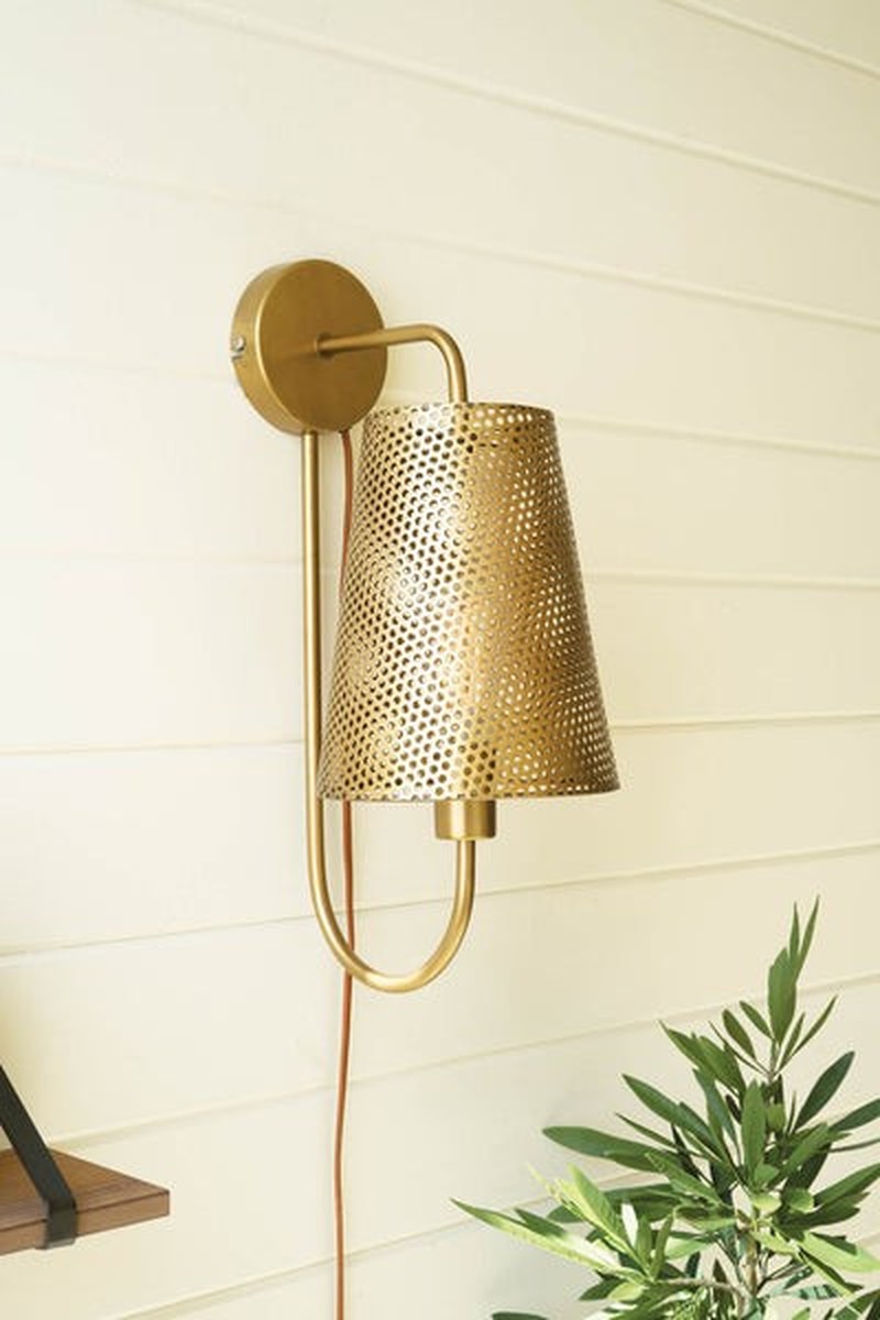 Double Antique Brass Wall Lamp With Perforated Metal Shade