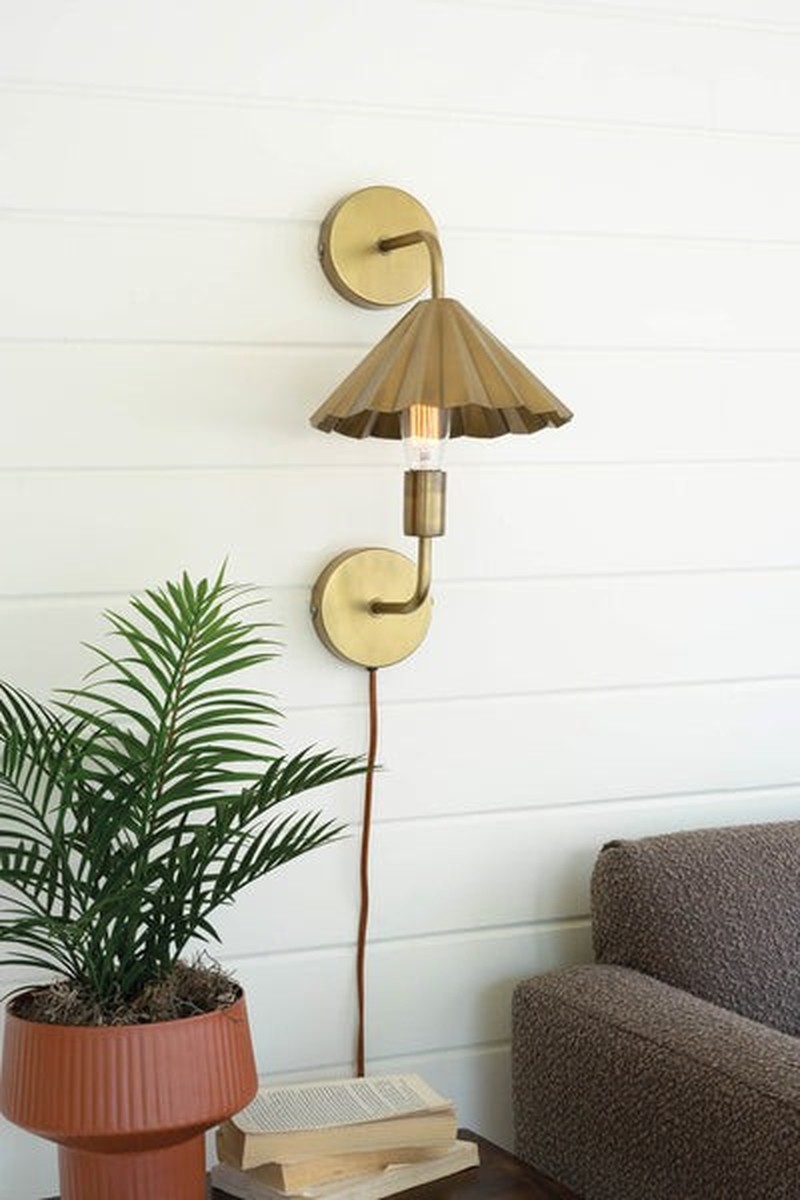 Double Antique Brass Wall Lamp With Pleated Metal Shade