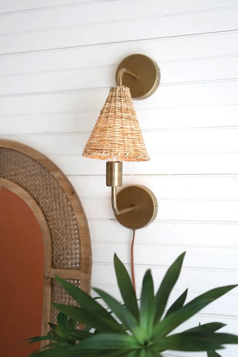 Double Antique Brass Wall Lamp With Woven Wicker Shade