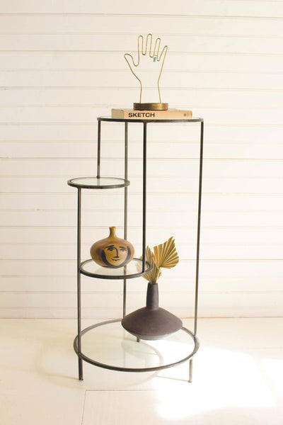 Four Tiered Metal Accent Table With Round Glass Shelves