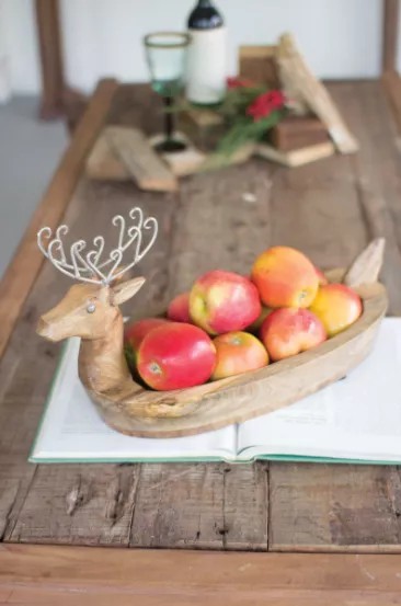 Hand Carved Mango Wood Reindeer Bowl With Metal Antlers