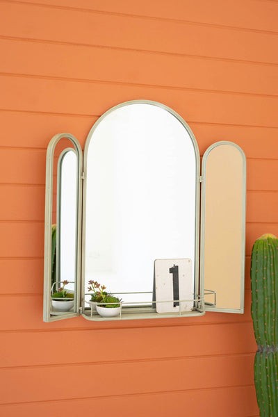 Industrial Green Tri-Folding Mirror With Shelf