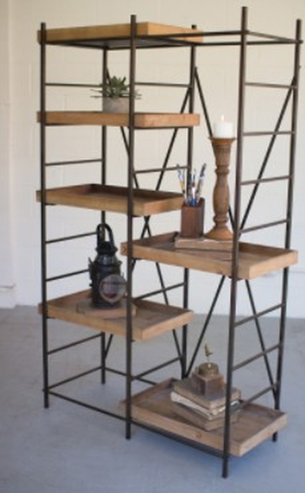 Iron Shelving Unit W/ Six Adjustable Wooden Shelves Minor Assembly Required. 44" X 16.5" X 64"T