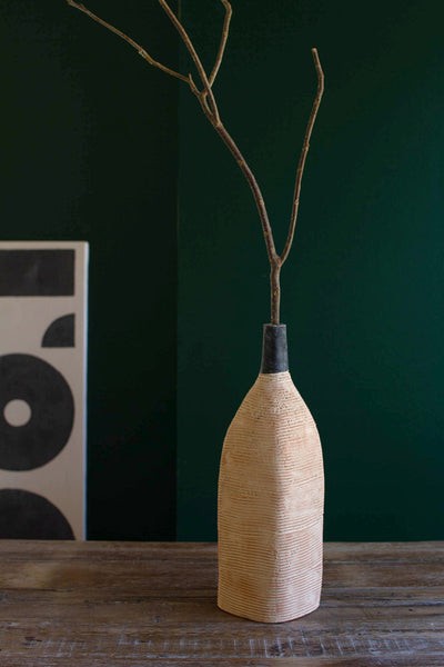 Ivory And Black Textured Clay  Bottle Vase