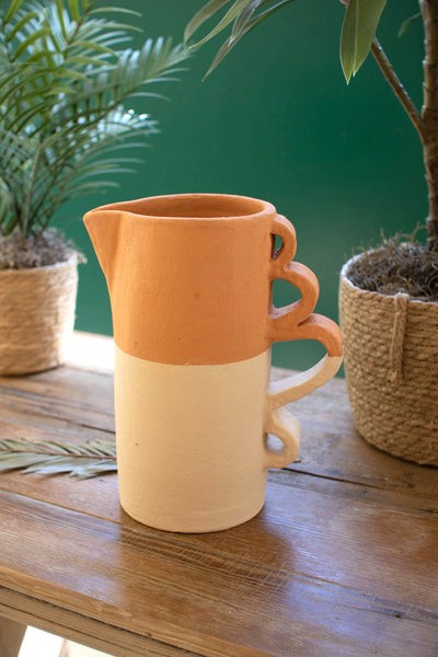 Ivory-Dipped Clay Pitcher Vase With Squiggle Handles