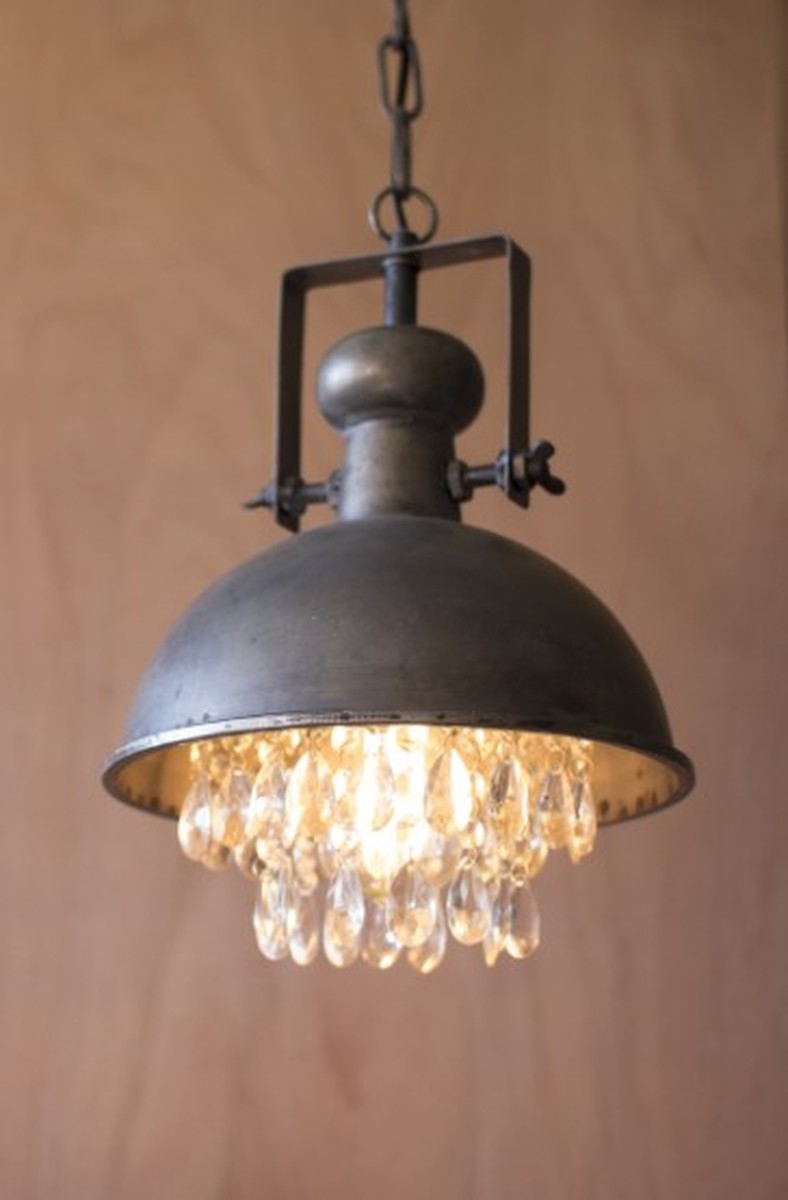 Metal Pendant Lamp With Hanging Gems 10"D X 13.5"T