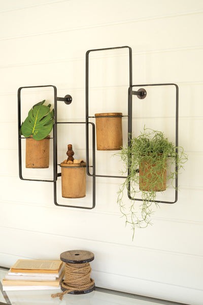 Metal Wall Rack With Four Wooden Planters