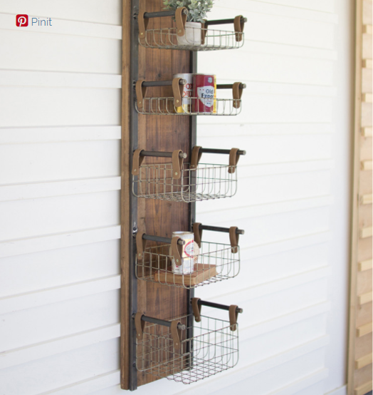 Recycled Wood & Metal Wall Rack W Six Wire Storage Baskets 9.5" X 12.5" X 56"T