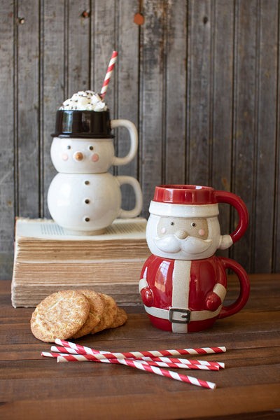 Set Of 2 Ceramic Stacking Christmas Mugs - Santa & Snowman