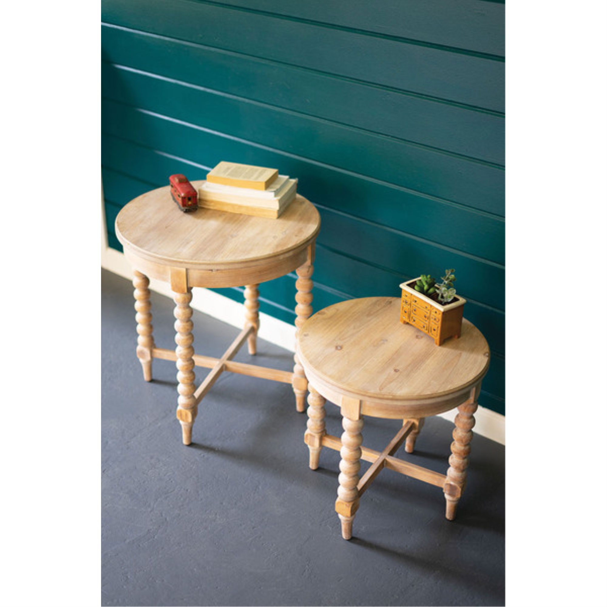 Set Of 2 Round Wooden Side Tables With Turned Legs Large 22"D X 23.5"T