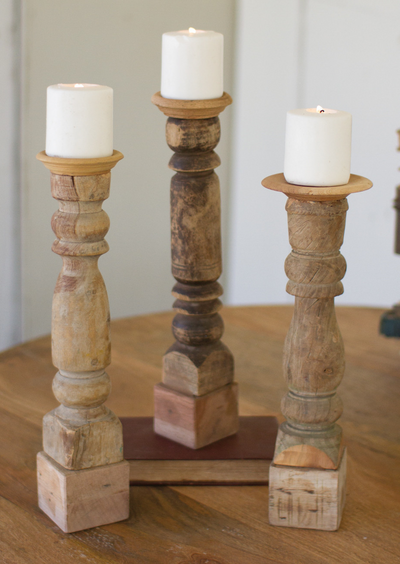 Set Of 3 Assorted Wooden Reclaimed Banister Candle Stands